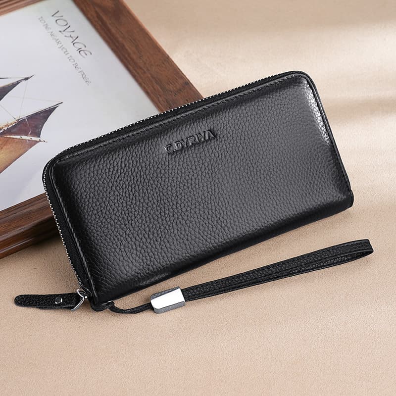 Men's Long Genuine Leather Wallet Top Layer Cowhide Zipper Handheld Business Purse Large Capacity Leather Clip City Simple Style