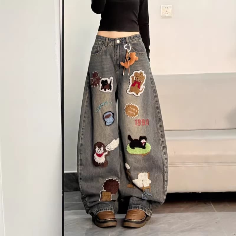 [Korean Cow] Hong Kong fashion jeans with pendants for women with personalized letters hip-hop ins high street fashion jeans for women