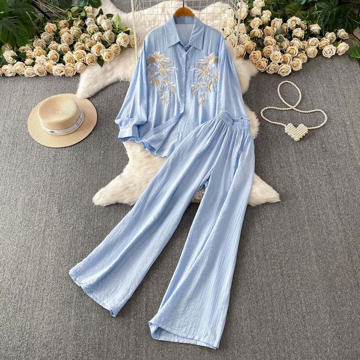 French Romantic Heavy Embroidery Turn-Down Collar Long-Sleeve Shirt with Loose Fitting Wide-Leg Pants Two-Piece Set