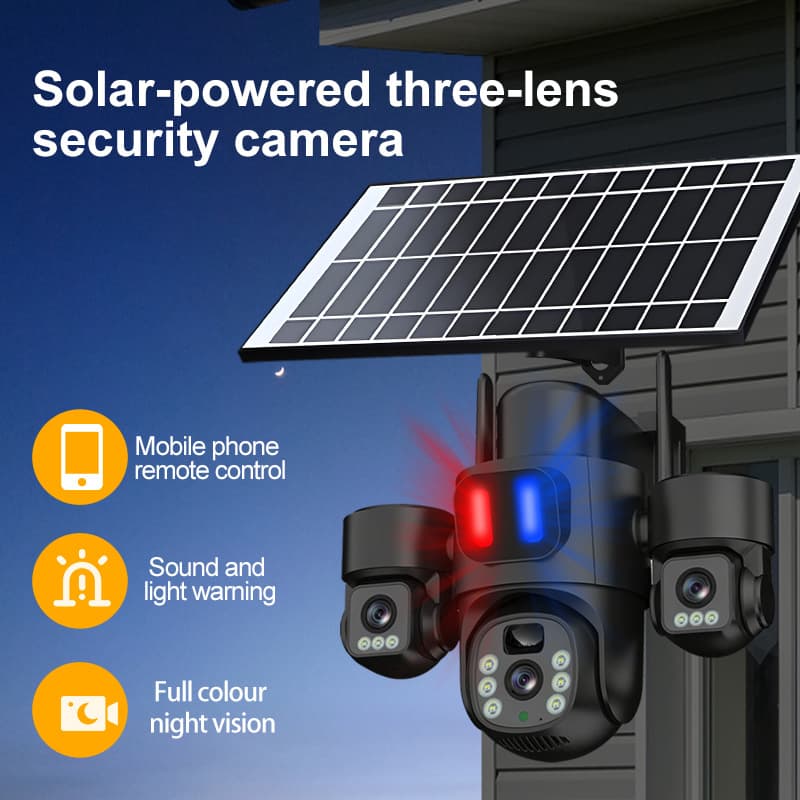 Cross-border Exclusive Three-Lens Rotating Surveillance Solar Security Camera with 360° Coverage, Outdoor Waterproof