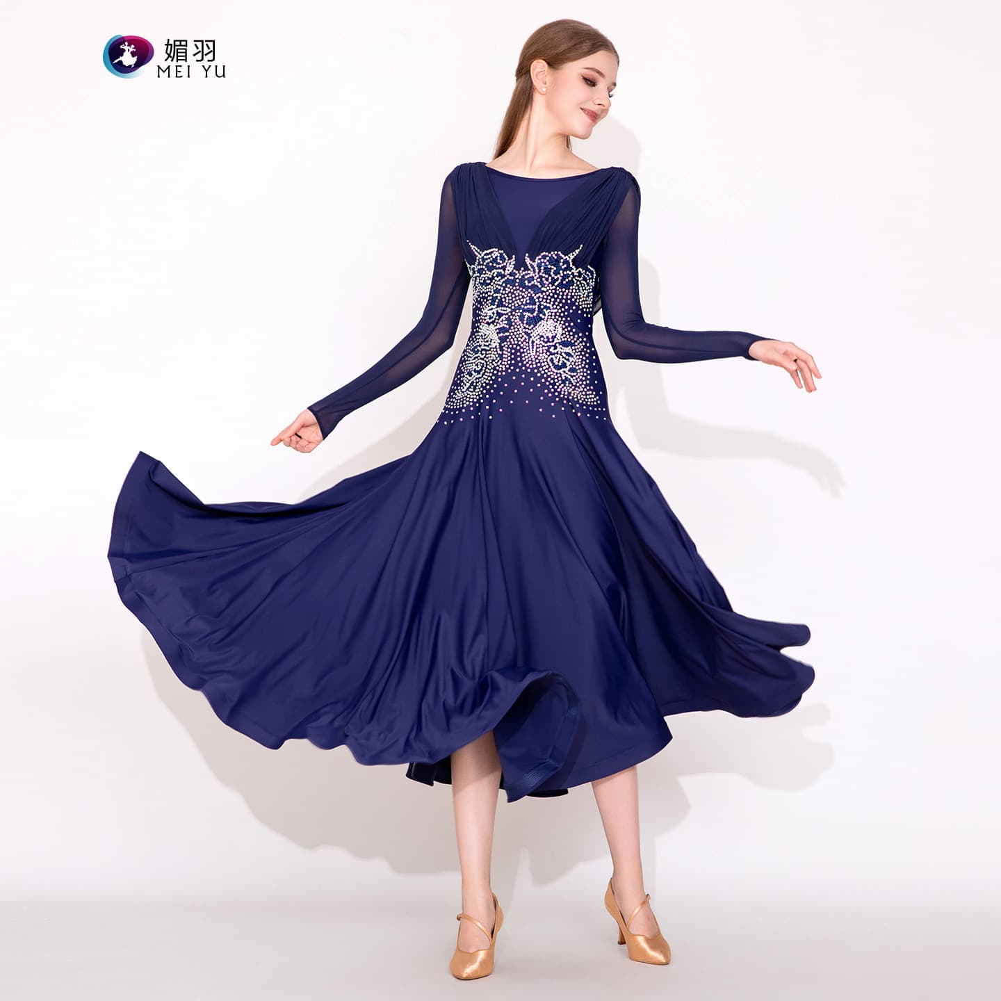 Meiyu Blue Enchantress MY942 Navy Blue Modern Dance Dress with Rhinestones, Performance Costume, Ballroom Dance Waltz