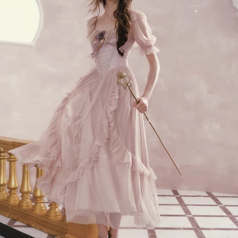 In Stock French Vintage Court Style Mesh Dress Square Neck Waist Long Dress Gentle Fairy Style Gown