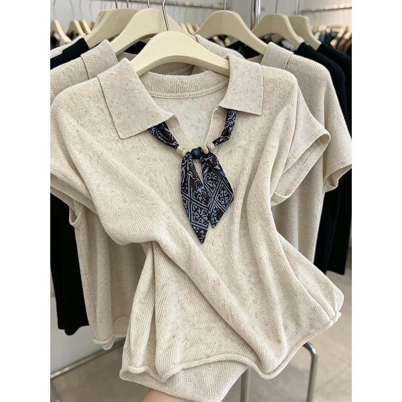 Simple Oatmeal Polo Collar Short Sleeve Knit Top Women's Summer Loose Fashionable Stylish Premium T-Shirt