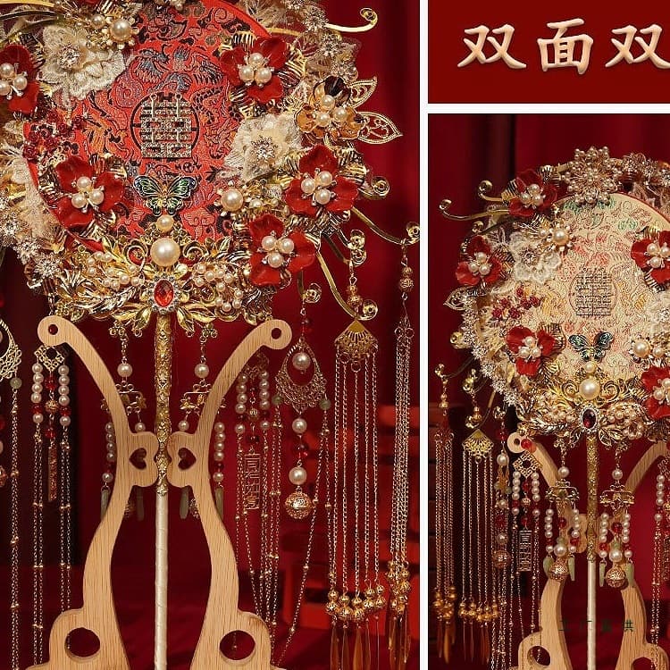 Bride's wedding fan Chinese style ancient Xiuhe suit diy material package heavy industry double-sided finished handmade wedding fan