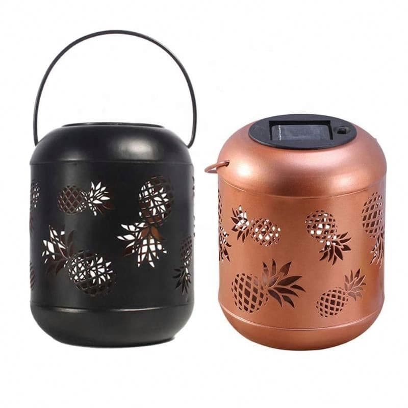 Tropical Rainforest Solar Gold Antique Hollow Pineapple Projection Hanging Metal Lighting Lantern LED Garden