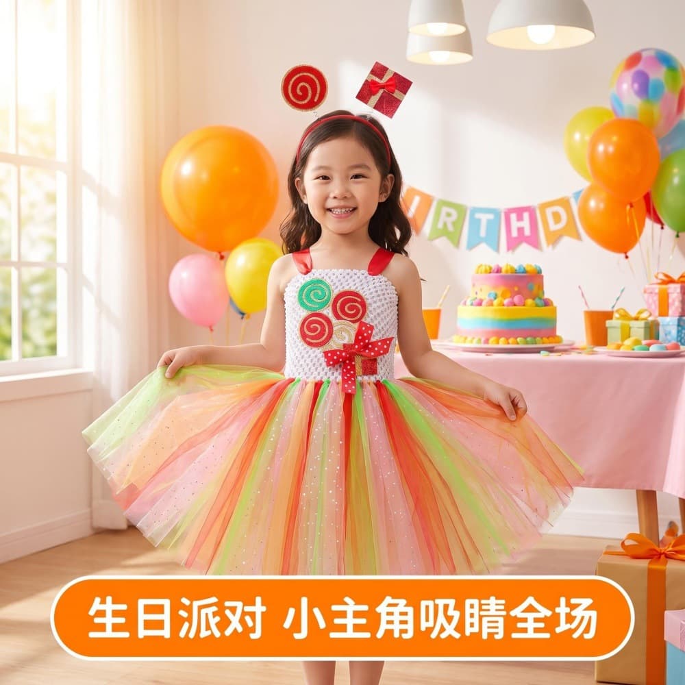 Cross-border Rainbow Lollipop Princess Tulle Dress Hand-Knitted Girls Candy Tutu Skirt Holiday Party Costume