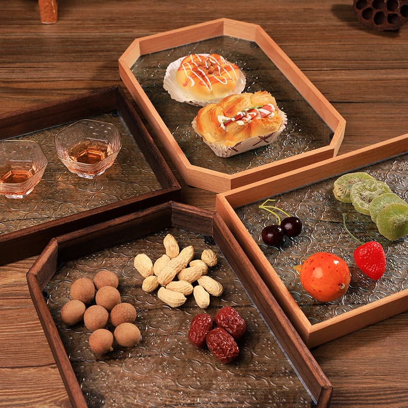 Retro Begonia flower glass tray walnut solid wood new Chinese tea tray snack tray snack tea set storage tray