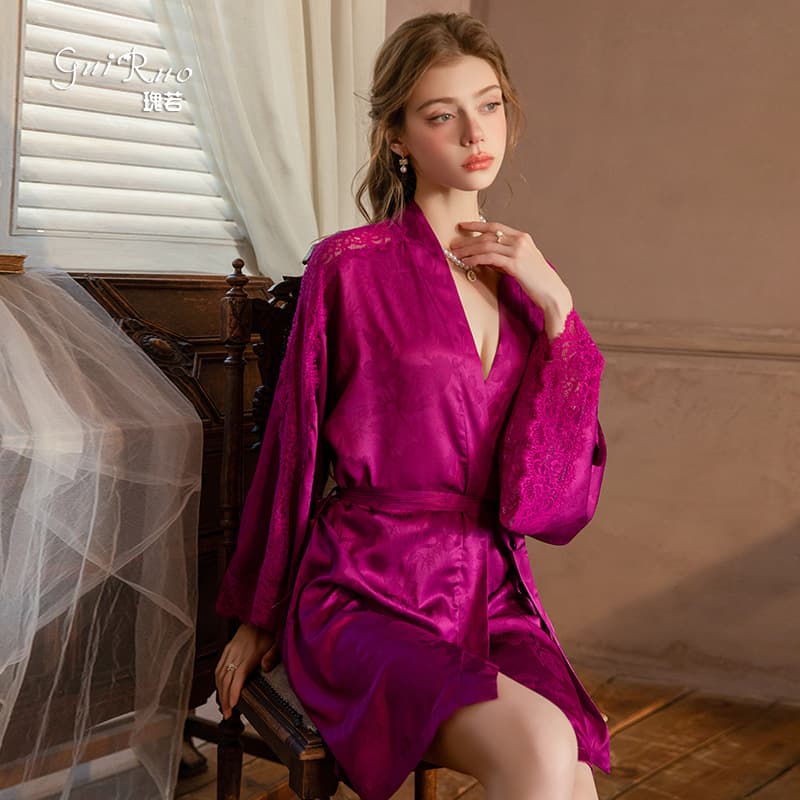 Gorgeous Sexy Solid Color Open-Front Lace-Up Satin Jacquard Lace Bell-Sleeve Women's Nightgown Bathrobe Loungewear Xk6556