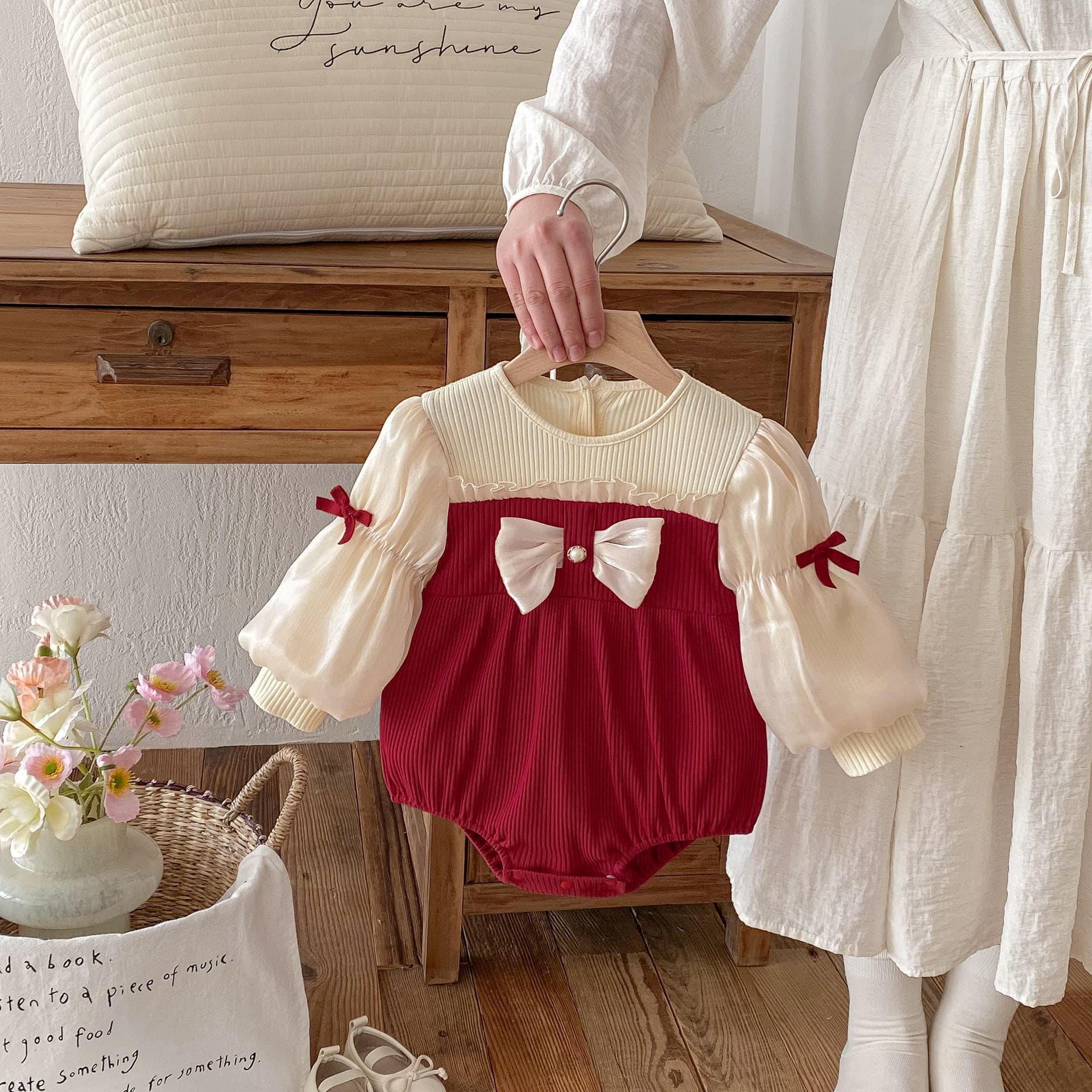 Baby Romper Spring Autumn Butterfly Knot Puff Sleeve Fake Two-Piece Bodysuit Newborn Full Moon 100 Days Cotton