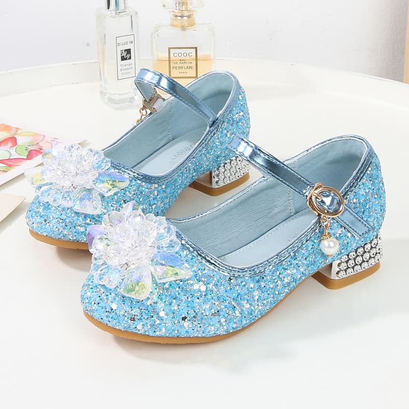 Children's High Heel Crystal Shoes for Girls, Princess Elsa Single Shoes, Baby Shoes with Glitter and Sparkle Leather