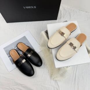 Women's Summer Mules 2025 New Style, Retro Square Toe Low Heel Leather Shoes with Metal Buckle, Trendy Closed-Toe Half Slippers