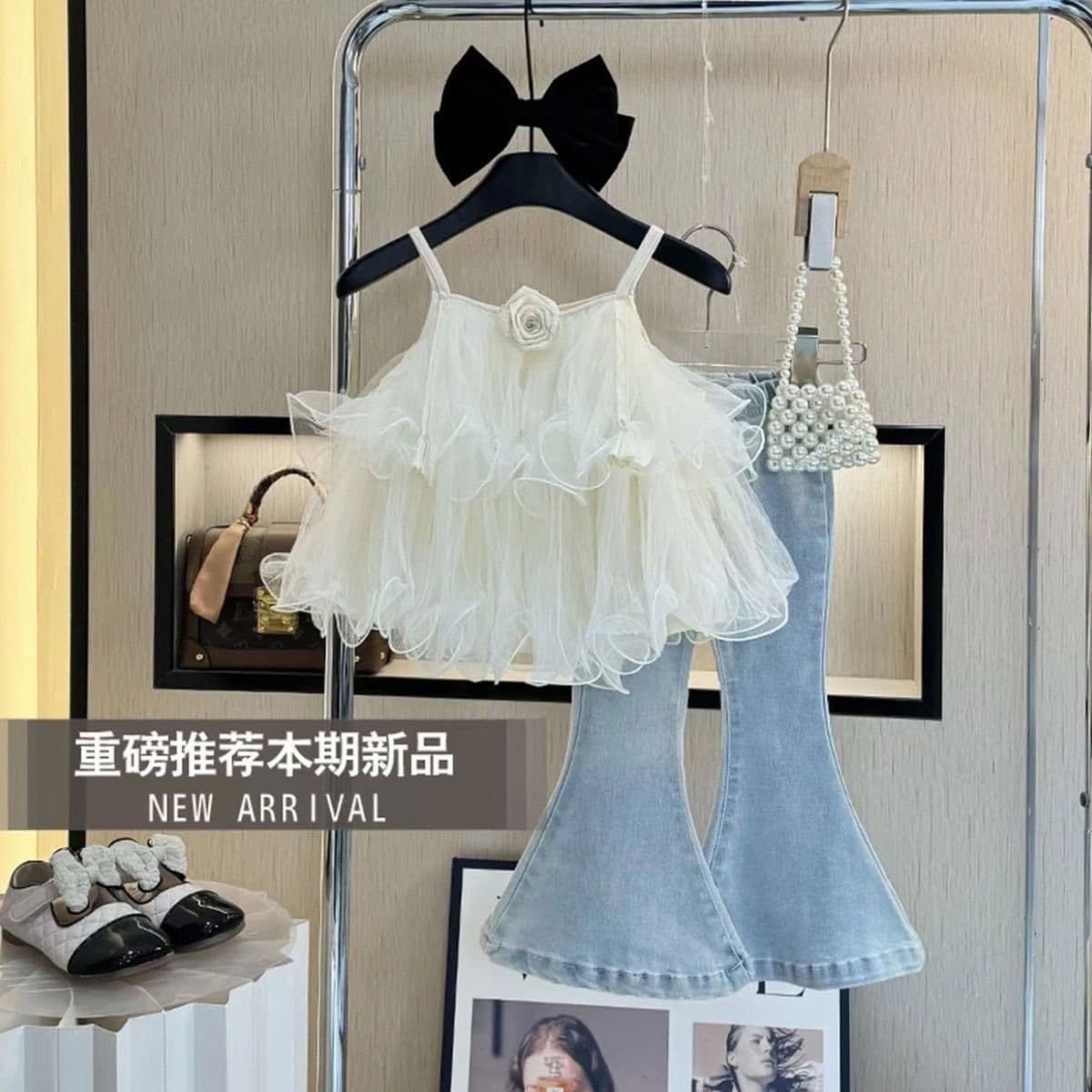 Girls summer style suit 2026 Korean version baby girl mesh suspender top fashionable denim bell pants trendy