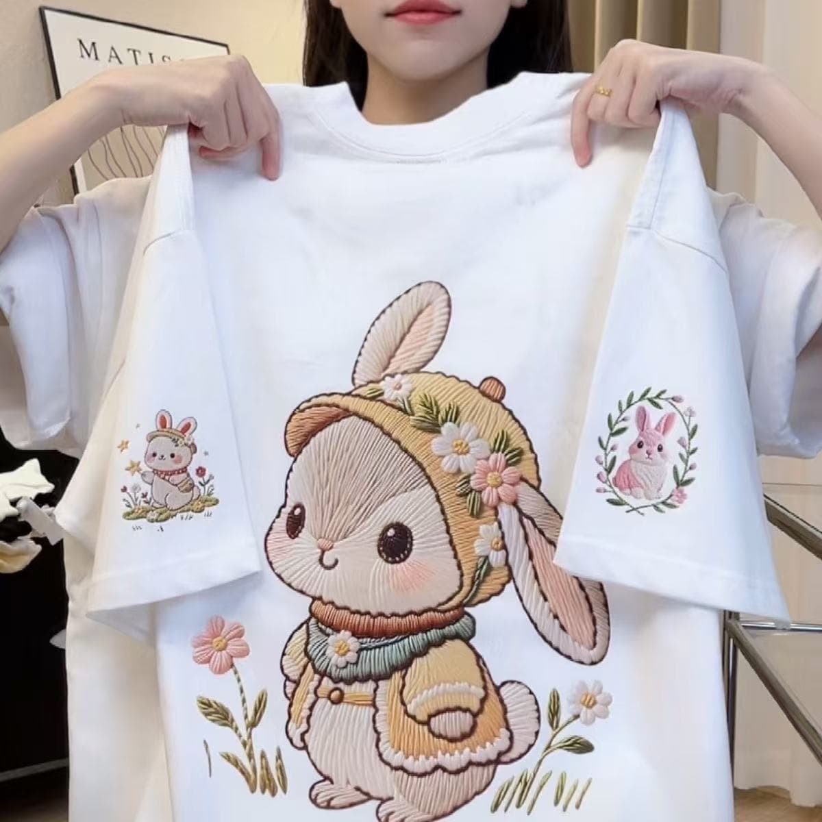Pure cotton back lapel loose cartoon rabbit print short-sleeve T-shirt for women, new summer Japanese cute top
