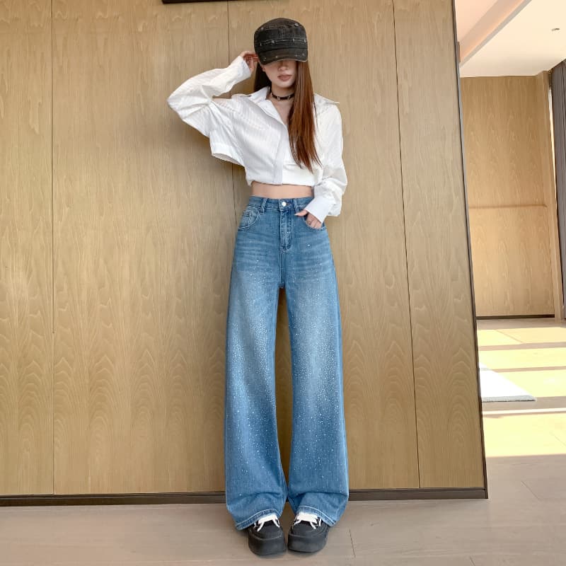 Rhinestone Straight Leg Pants Women Spring Ultra Soft Wide Leg Jeans Women Spring High Waist Wide Leg Pants Women Spring Floor-Length Pants Women Casual