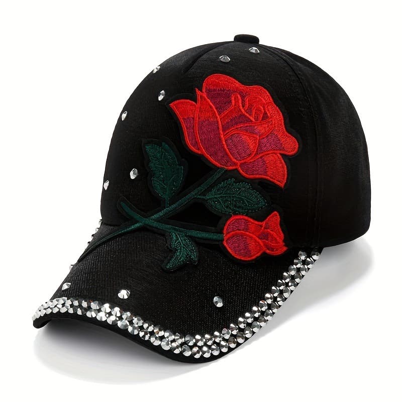 2025 New Cross-border Drop Shipping Red Rose Patch Baseball Cap Rhinestone Decor Sport Cap