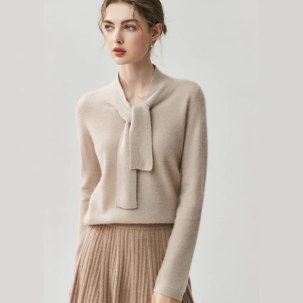 Knitted bottoming shirt, loose, light, luxurious and versatile, cashmere thick collar, women's pullover sweater, ribbon, solid color