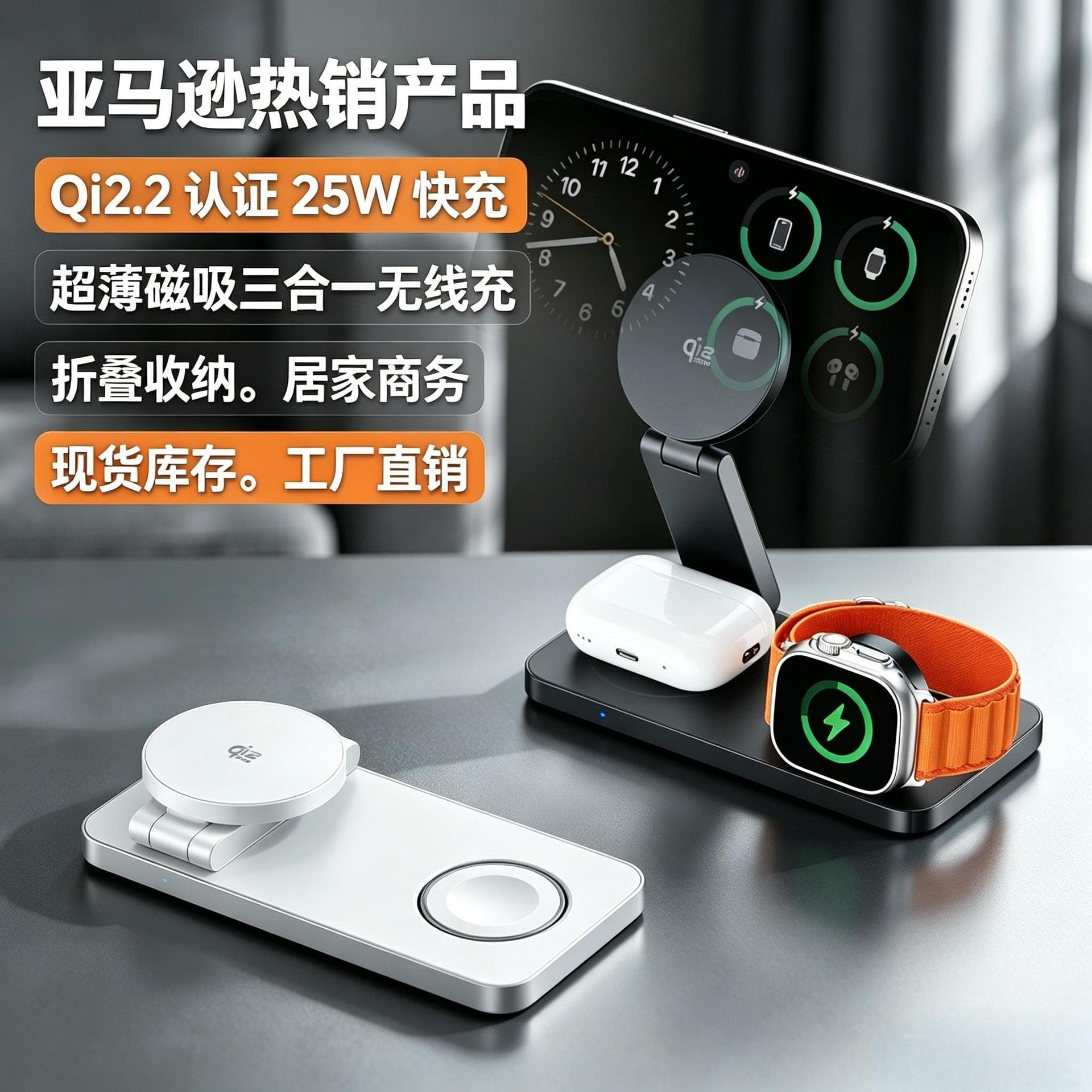 Amazon's best-selling Qi2.2 magnetic 25W folding three-in-one wireless fast charging charger desktop mobile phone holder