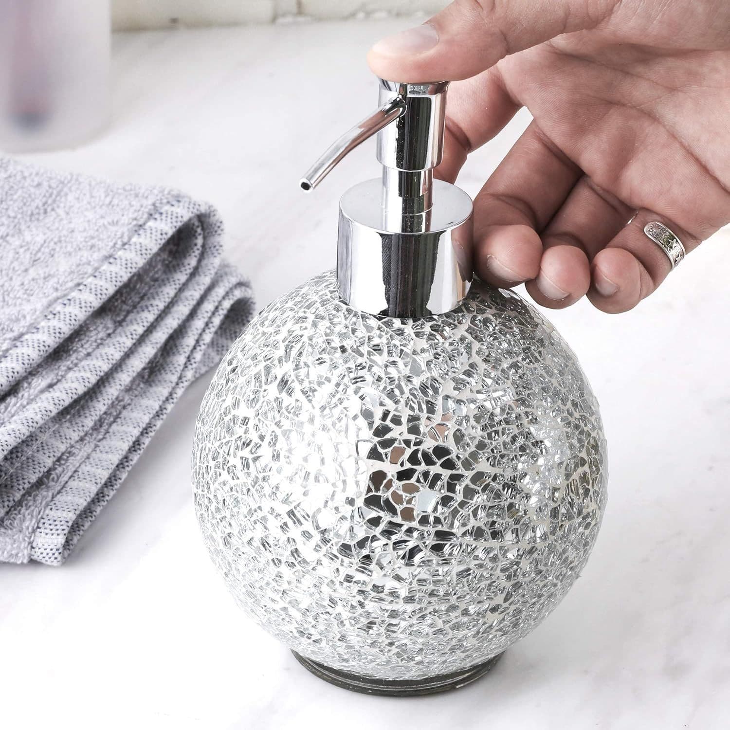 Bathroom Glass Mosaic Hand Sanitizer Dispenser Mosaic Glass Lotion Bottle Dispenser Silver 2-Piece Set