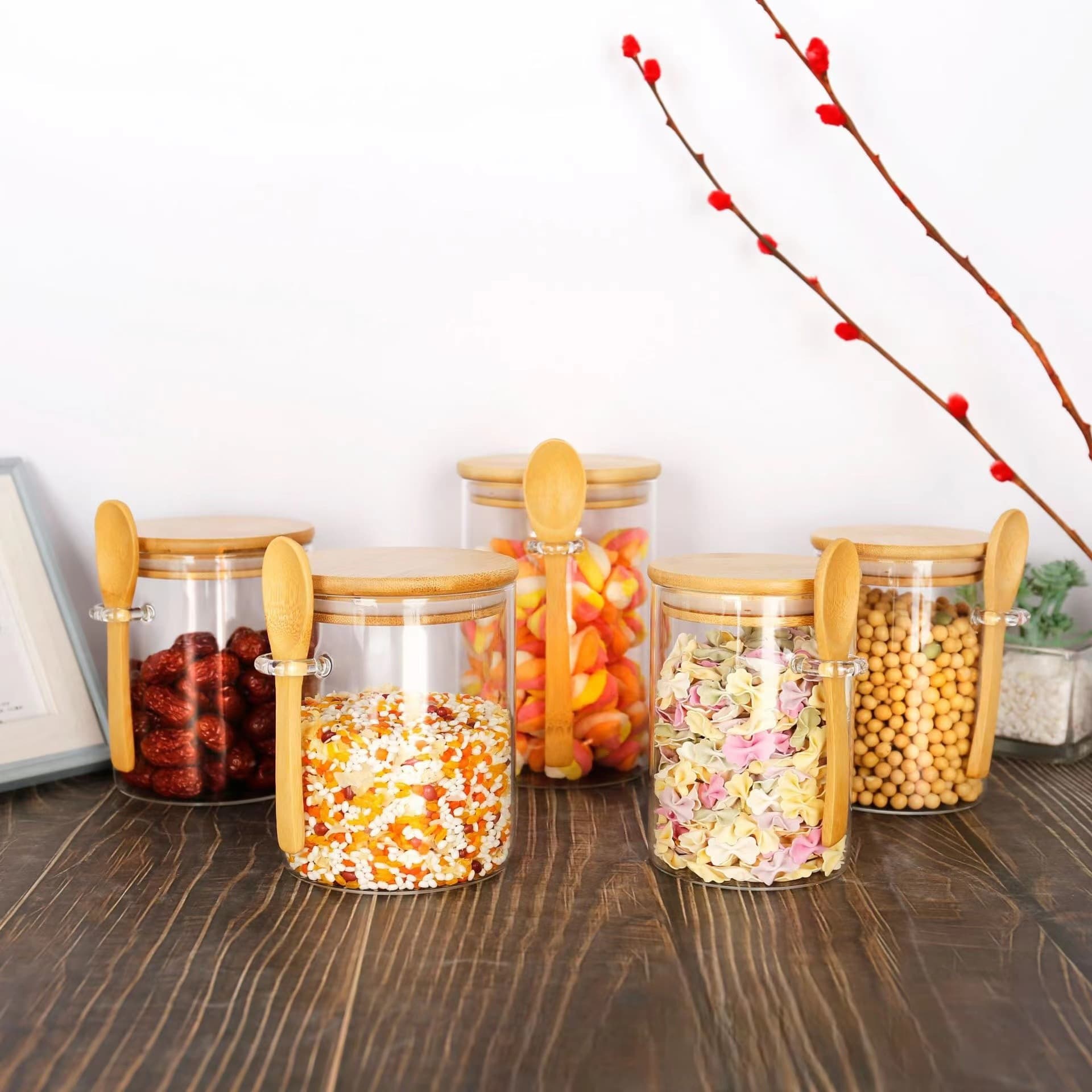 Borosilicate Glass Storage Jar Set Food-Grain Seasoning Storage Jars Kitchen Organizer with Wooden Spoon Amazon