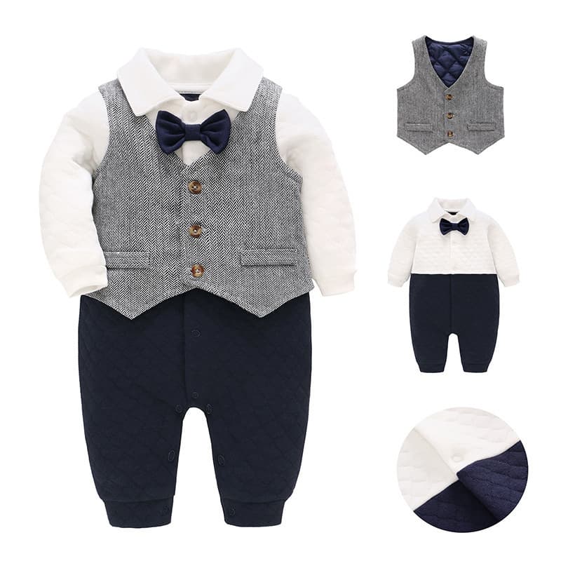 Baby Clothes Autumn Winter Boys Romper Air Cotton Thickened A-Class Gentleman Handsome Boys Set Cross-Border