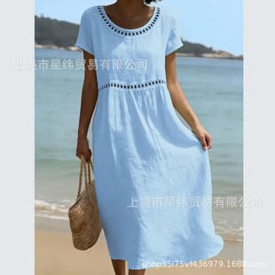 Amazon 2026 European and American Cross-border Women's New Summer Crew Neck Short Sleeve Lace Solid Cotton Linen Dress