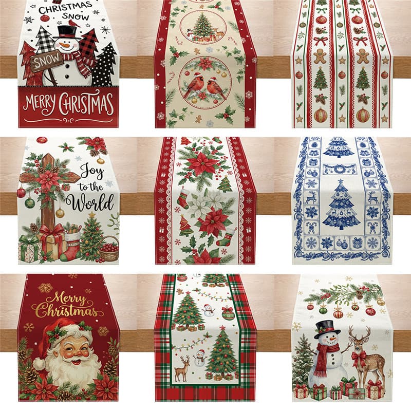 Cross-border holiday Christmas table runner wholesale poinsettia plaid linen table runner American Christmas table decoration tablecloth