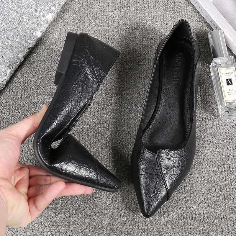Women's Black Soft Leather Work Flats - Comfortable Office Shoes for Professional Bank, Flight Attendant Uniform