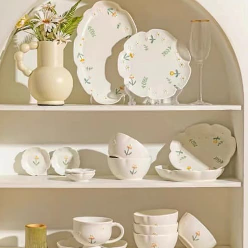 Vintage Japanese Style Carved Floral Dinnerware Set Ceramic Tableware Hand Painted Home Use Plate Bowl Cup Suit
