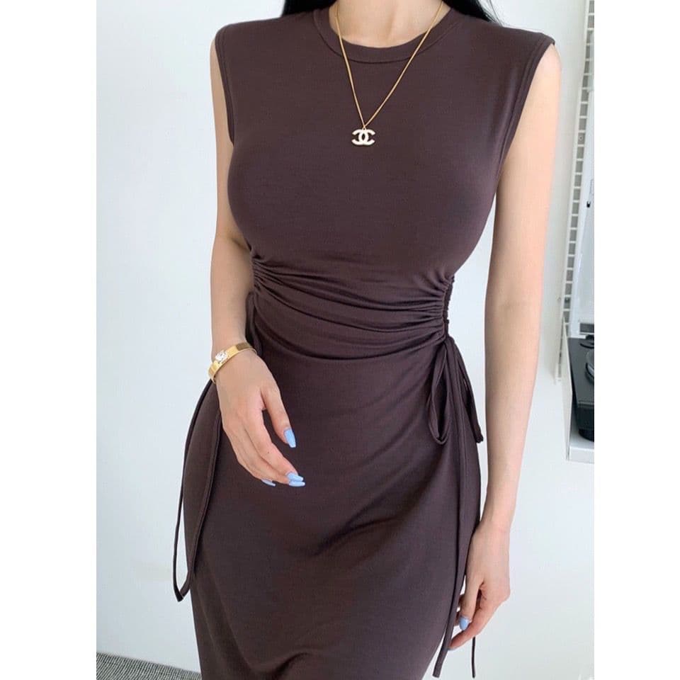 Pure Desire Cool and Scheming Showing Breasts and Figures Hollow Drawstring Waist Dress Tight Covering Hips Scheming Sleeveless Long Dress