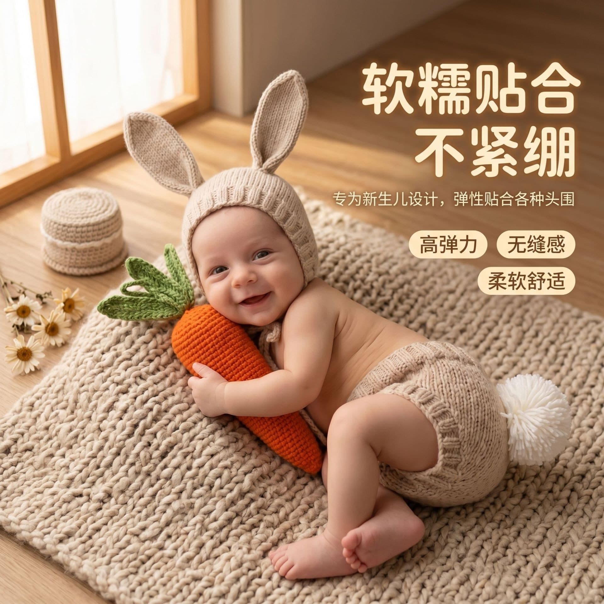 Newborn Bunny Knit Photography Outfit Source Factory, One-Month & 100-Day Baby Photo Clothing with Carrot Prop