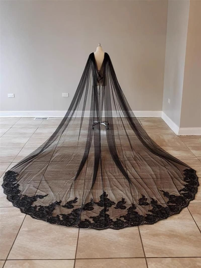 Foreign Trade Black Bridal Shawl with 3-meter-long Train, Halloween Ghost Bride Cape, Personal Photoshoot Costume
