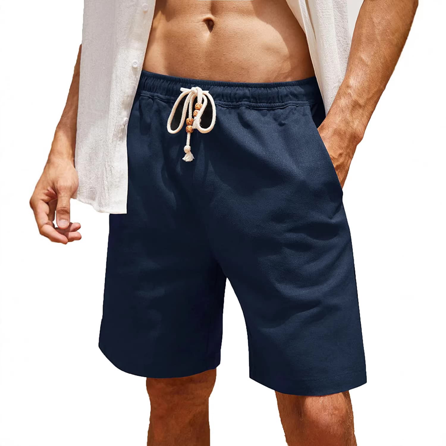 2026 Summer New Linen Cotton Knee-Length Shorts, European and American Plus Size Men's Casual Beach Shorts, Loose Multi-Pocket Cargo Shorts
