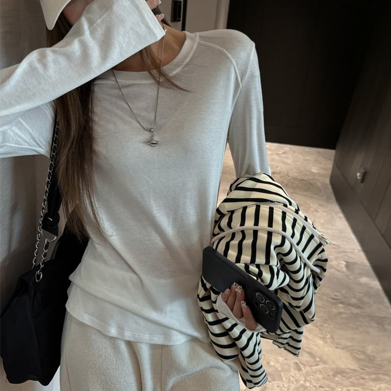 Wool Tencel Quality Loose Round Neck Long-Sleeved T-Shirt for Women, Simple Inner Layering Shirt, High-End Outer Top