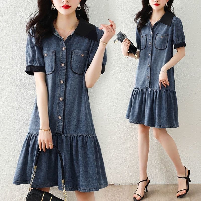 Casual and fashionable doll collar denim dress sweatshirt mid-length t-shirt loose denim women's summer wear new style