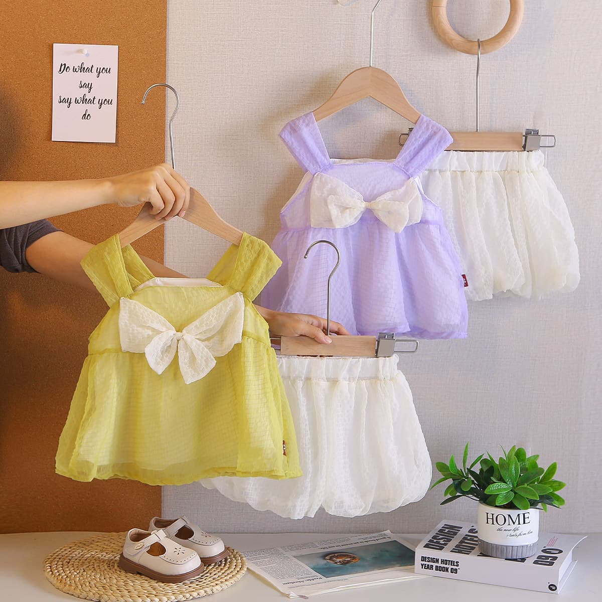 Girls Summer Thin Suit 2026 New Baby Girl Western Style Solid Color Sweet Suspender Big Bow Gauze Skirt Suit