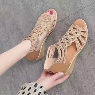 Spring/Summer Fish Mouth Back Zipper Hollow Roman Sandals Versatile Women's Shoes Wedge Heel Thick Sole One-Band New Style