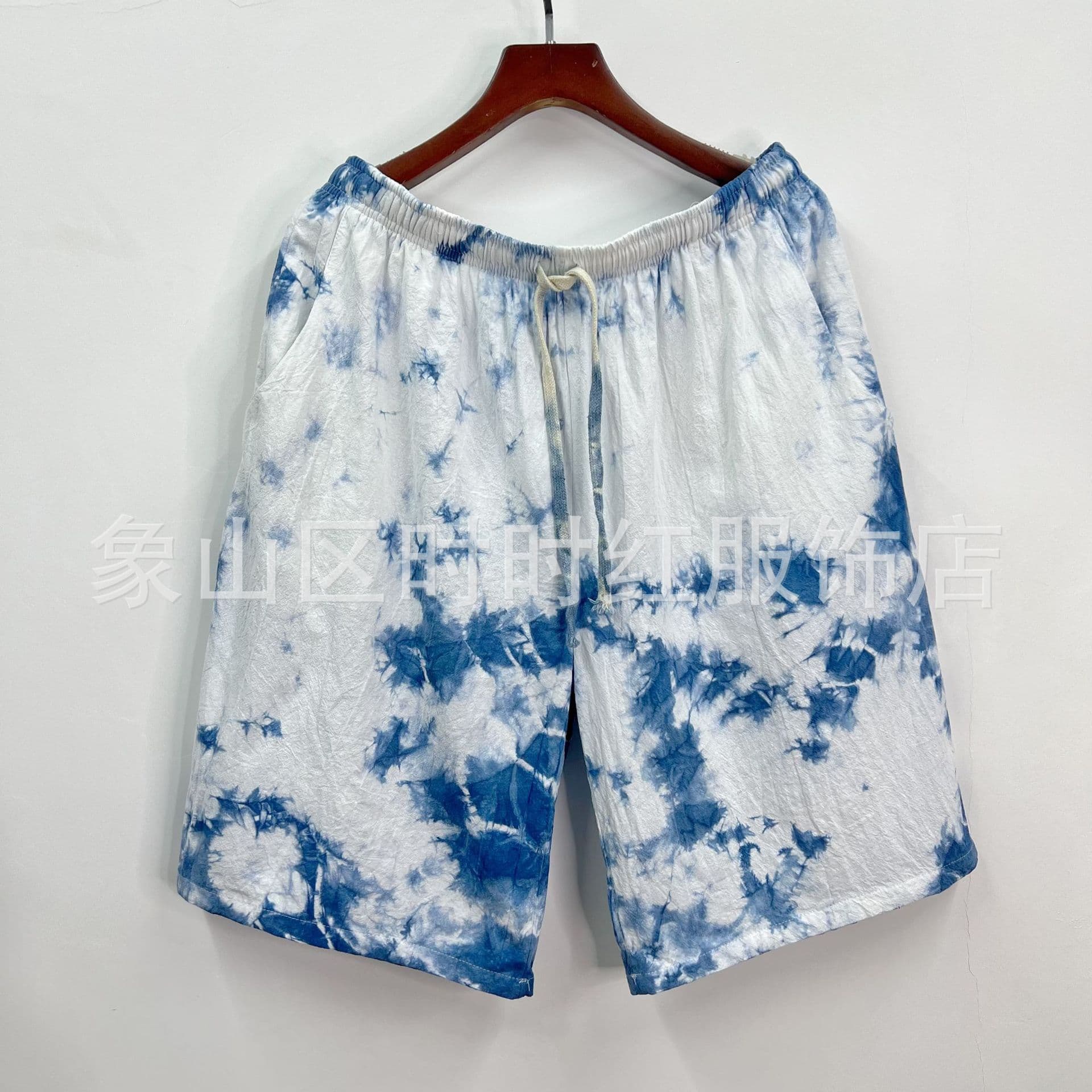 Dali Lijiang Guizhou Cultural Tie-Dye Blue Indigo Blue-White Dyed Cotton Linen Shorts Mid-Length Pants Men's National Trend Beach Shorts
