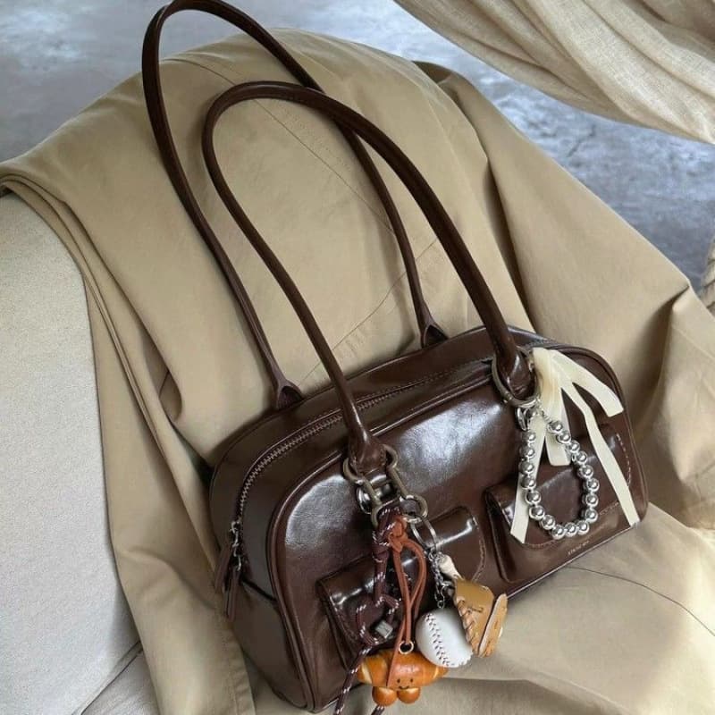 Autumn and winter women's new large-capacity Korean hand-carrying brown retro bowling hand-held shoulder bag