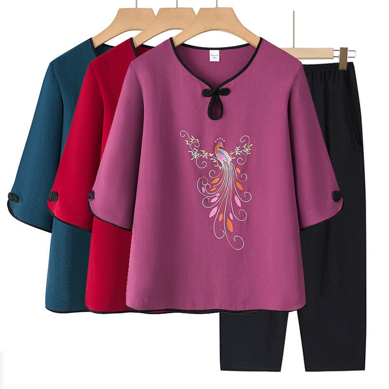 Summer Short Sleeve Set for Elderly Women, Printed T-Shirt Two-Piece Set, Loose Fit Top for Grandma