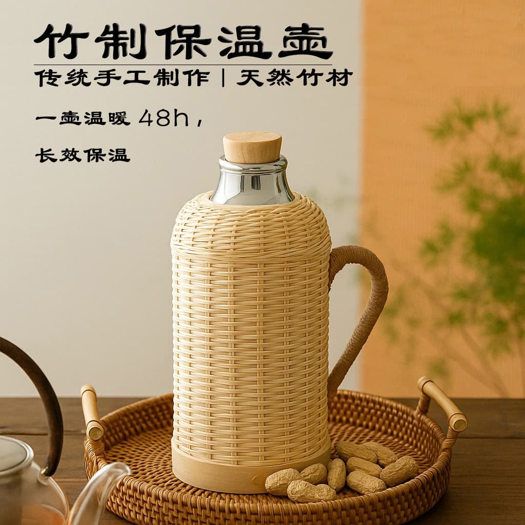 Bamboo woven thermos kettle, bamboo woven thermos kettle, household literary and artistic retro bamboo thermos bottle, official pot thermos bottle, seven-open water bottle