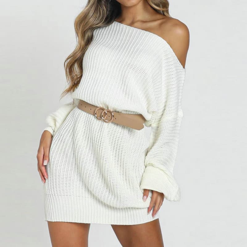 White One Shoulder Sweater Dress Long Sleeve Mini Dress