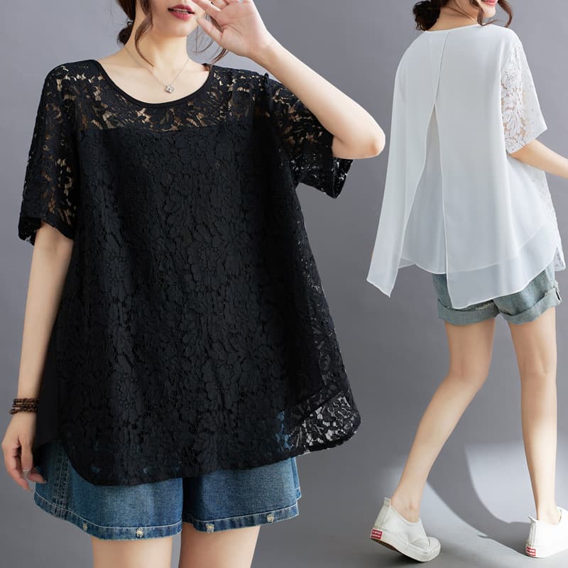 2024 Summer New Artistic Lace Top, Cool Round Neck Irregular Plus Size Women's Clothing