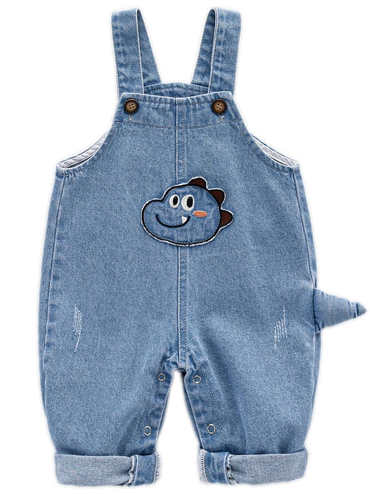 Children's Denim Overalls Spring and Autumn Cartoon Baby Jumpsuits with Hidden Buttons for Going Out Little Dinosaur Cute Baby Pants Trendy