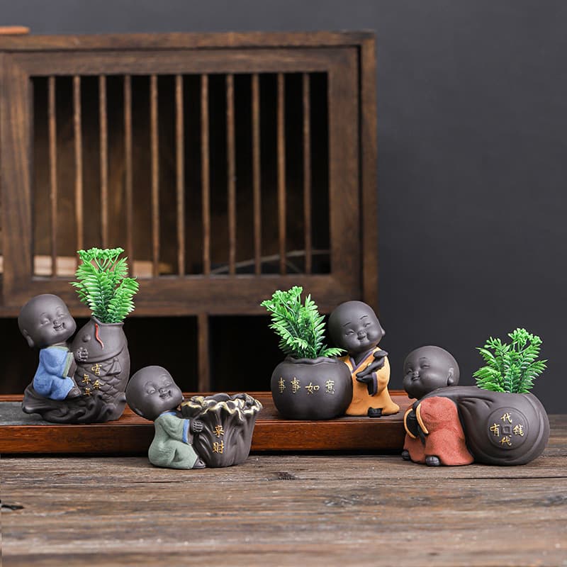 Small Purple Clay Little Monk Planter for Green Plants Hydroponics, Cute Pet Home Indoor Handmade Creative Mini Ornament