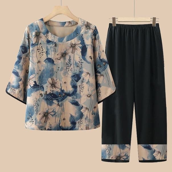 Mom Wear Summer Ice Silk Elderly Women Seven-Tenth Sleeve Capri Pants Two-Piece Set Middle-Aged and Elderly Grandma Suit Clothes