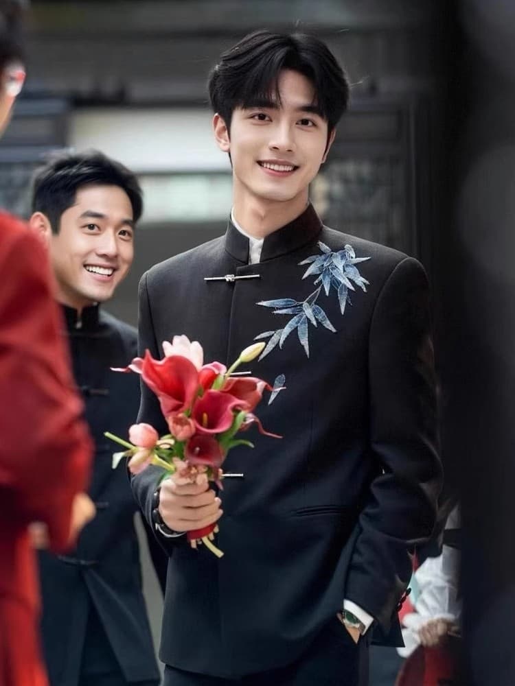 New Chinese Style Men's Black Stand-up Collar Suit Jacket with Bamboo Embroidery, Suitable for Engagement and Wedding Attire