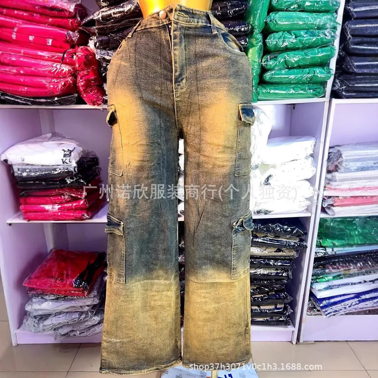 High street American washed distressed multi-pocket denim overalls for men and women, trendy brand loose wide-leg trousers