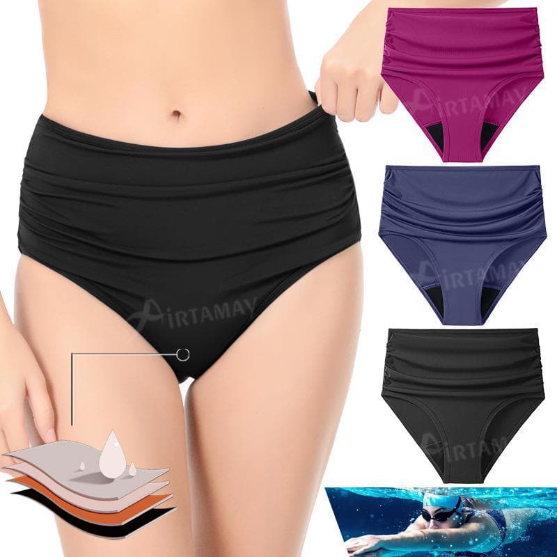 Women's High-Waist Bikini Swim Briefs with Leak-Proof Period Protection, Four-Layer Pad-Free Menstrual Hygiene Design