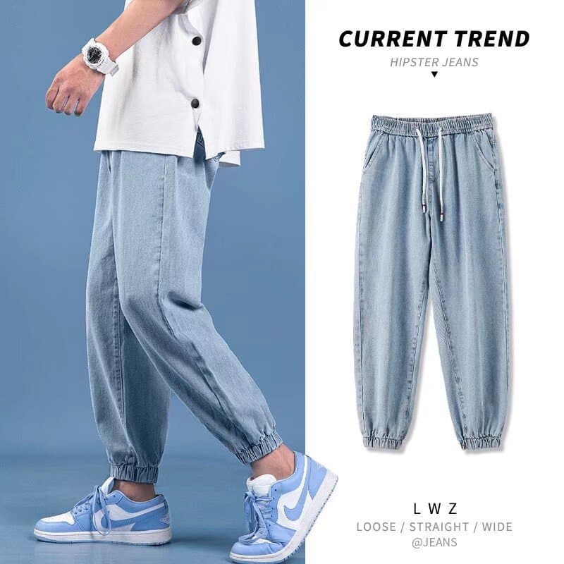 Fall Regular Mid to High Waist Washed Elastic Waist Jeans for Men, Loose Tapered Ankle-Length Pants, Vintage Style for Teens