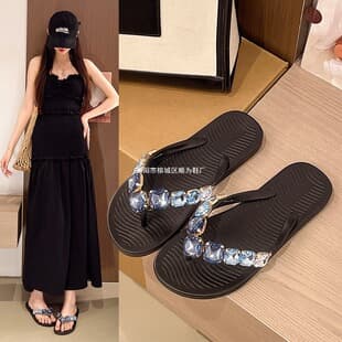 Trendy Large Rhinestone Flip-Flops Korean Style Summer New Outdoor Women's Flip-Flops Fairy Style Stunning Slippers Cross-Border Dropshipping